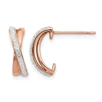 A pair of rose gold hoop earrings with a crossover X design, featuring diamond or crystal accents along the bands, shown from the front and back views.