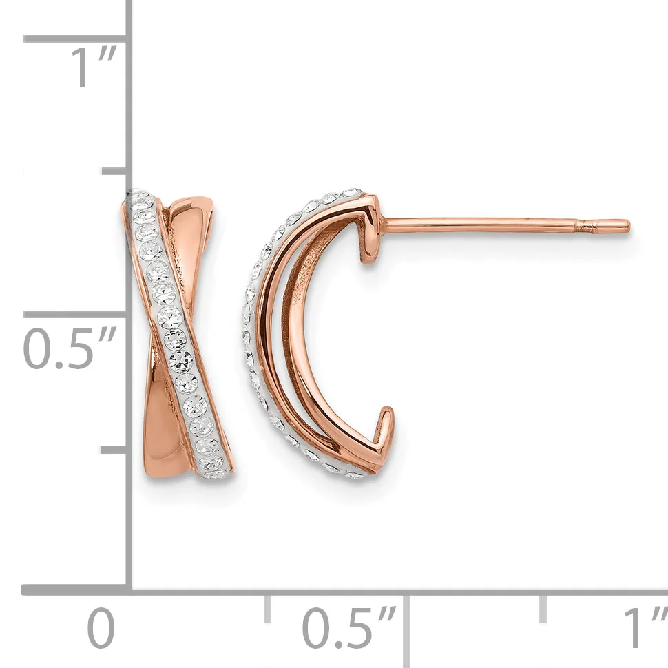 Rose gold hoop earrings with diamond accents and a crossover design, shown at actual size with measurement scale.