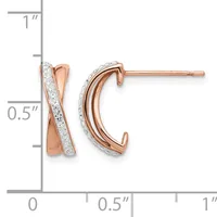 Rose gold hoop earrings with diamond accents and a crossover design, shown at actual size with measurement scale.