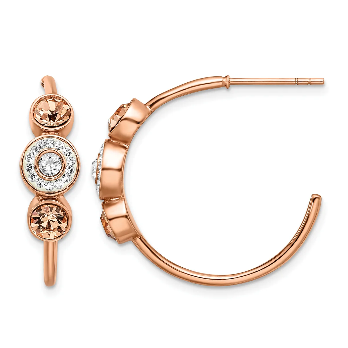 Rose gold hoop earrings with three stacked circular stations featuring morganite and diamond gemstones, shown as a pair from front and side views.