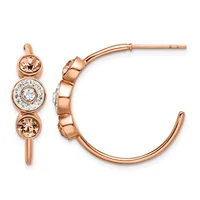 Rose gold hoop earrings with three stacked circular stations featuring morganite and diamond gemstones, shown as a pair from front and side views.