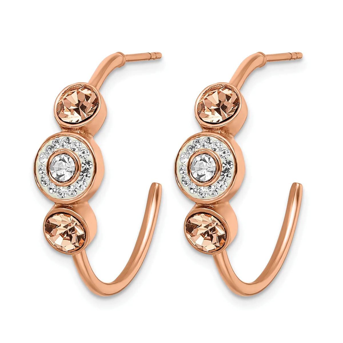 A pair of rose gold hoop earrings featuring alternating round morganite and diamond stations with smaller morganite stones, shown from the front.