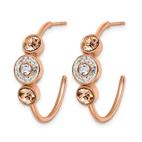 A pair of rose gold hoop earrings featuring alternating round morganite and diamond stations with smaller morganite stones, shown from the front.