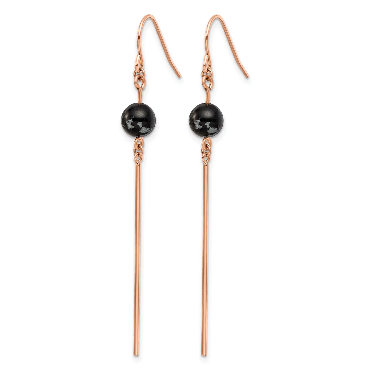 A pair of rose gold-colored drop earrings with black spherical beads suspended above long cylindrical bars, attached to matching rose gold ear wires.