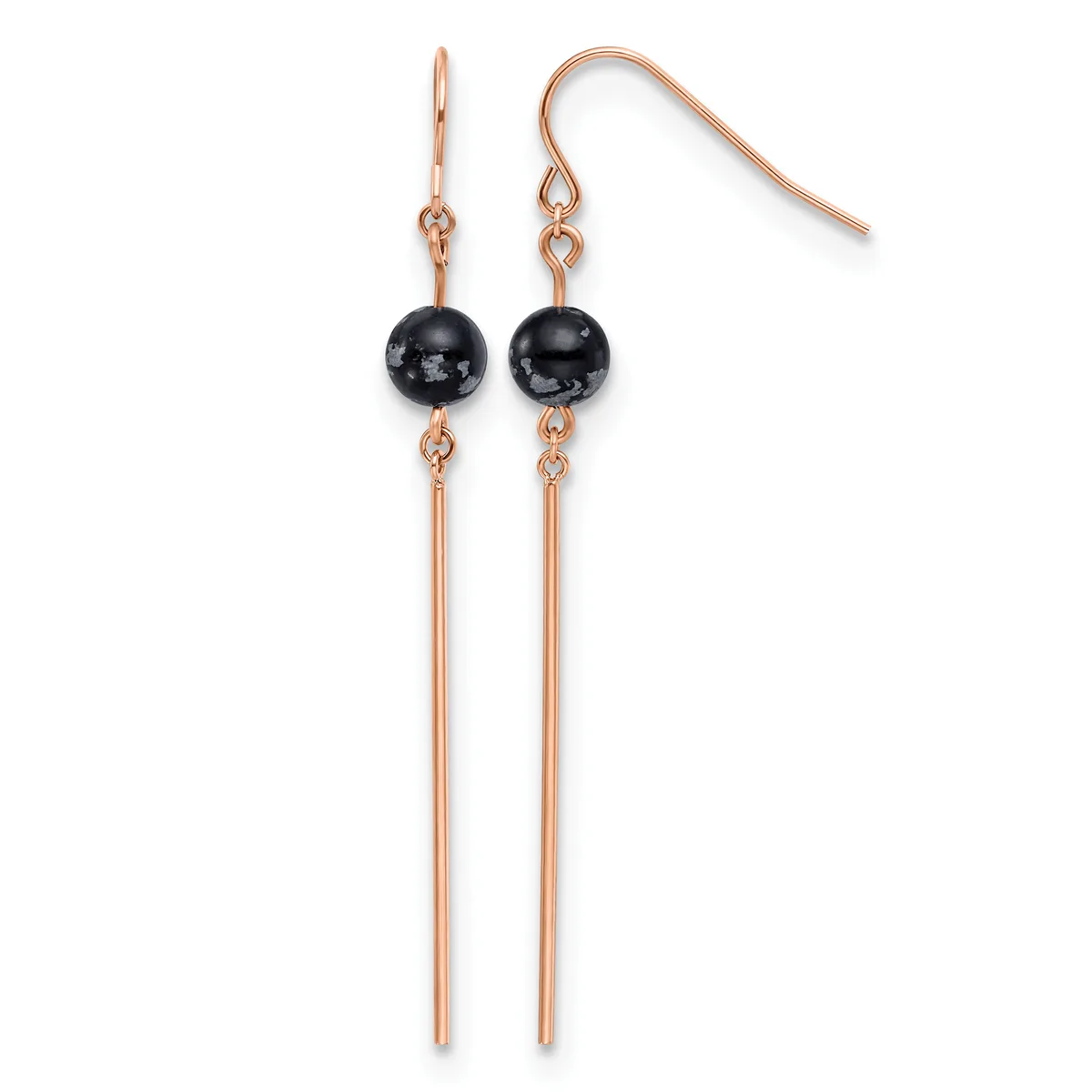 Pair of rose gold dangle earrings with black spherical stones and long thin metal rods, displayed against a white background.