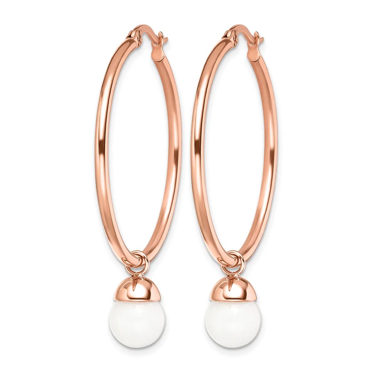 Pair of rose gold hoop earrings with white round stone or pearl charms hanging from the bottom.
