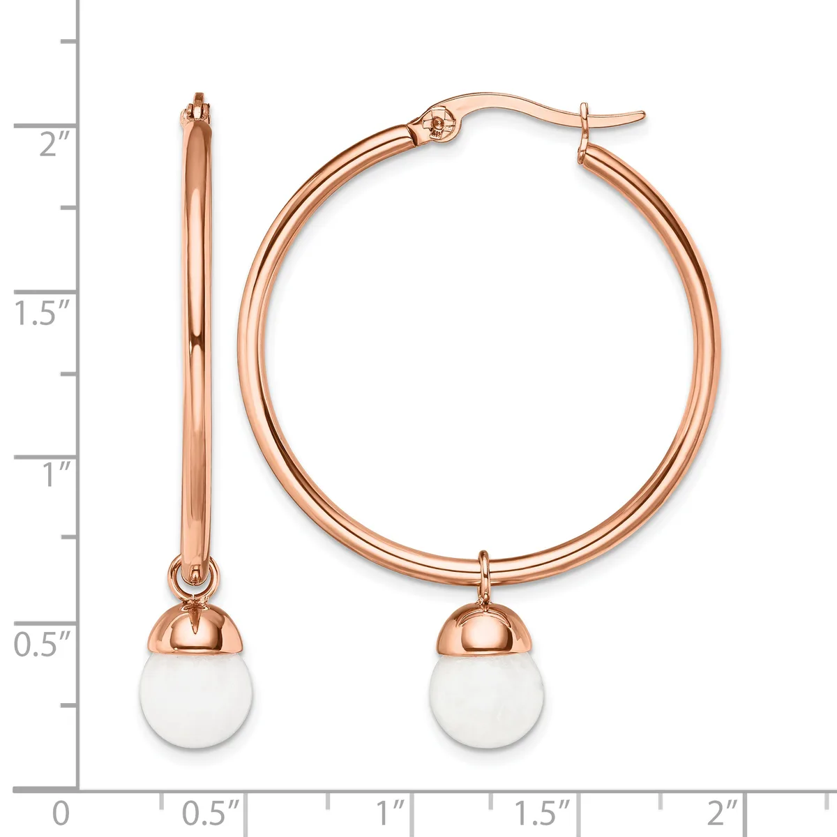 Rose gold hoop earrings with white pearl drops, shown next to a ruler indicating approximately one-and-a-half-inch diameter hoops with small hallmarks.
