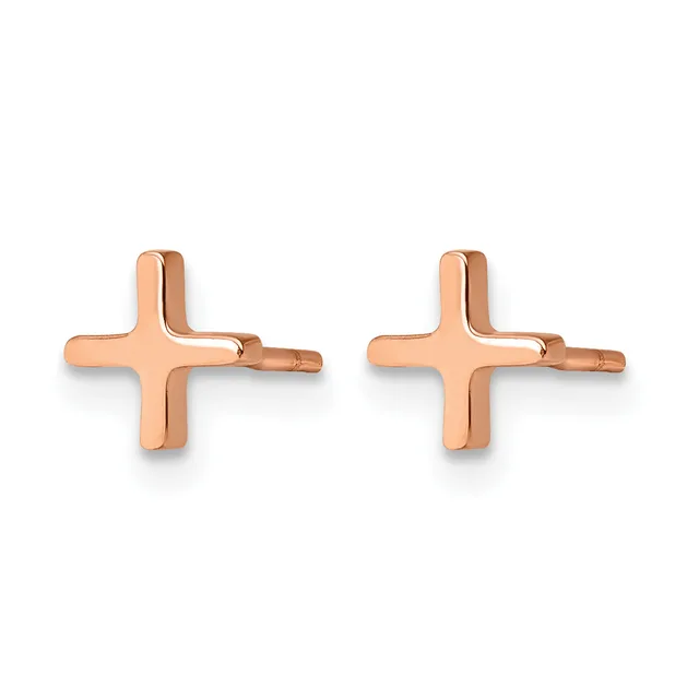 A pair of rose gold cross-shaped stud earrings with polished finish and post backs, shown from the front.