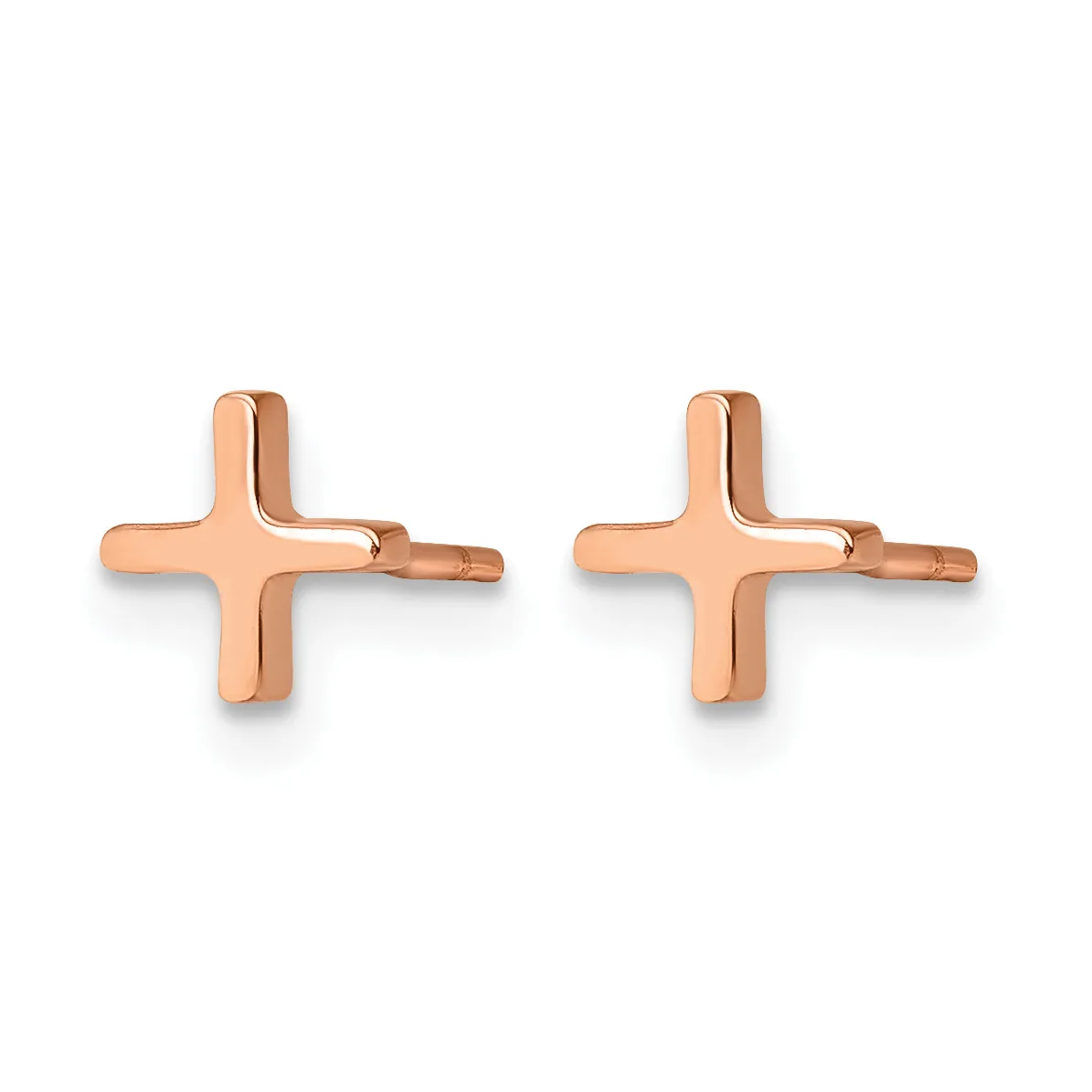 A pair of rose gold cross-shaped stud earrings with polished finish and post backs, shown from the front.