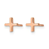 A pair of rose gold cross-shaped stud earrings with polished finish and post backs, shown from the front.