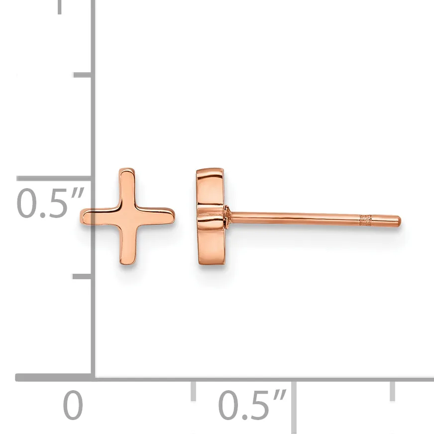 A pair of rose gold cross-shaped stud earrings shown front and back view with a measurement scale indicating approximately 0.5 inches in width.