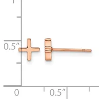 A pair of rose gold cross-shaped stud earrings shown front and back view with a measurement scale indicating approximately 0.5 inches in width.