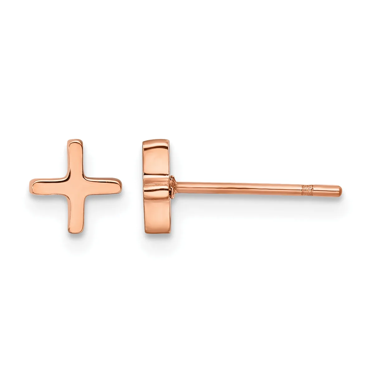 A pair of rose gold cross stud earrings shown from front and side views, featuring polished rounded crosses with post and clutch backs.