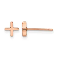 A pair of rose gold cross stud earrings shown from front and side views, featuring polished rounded crosses with post and clutch backs.