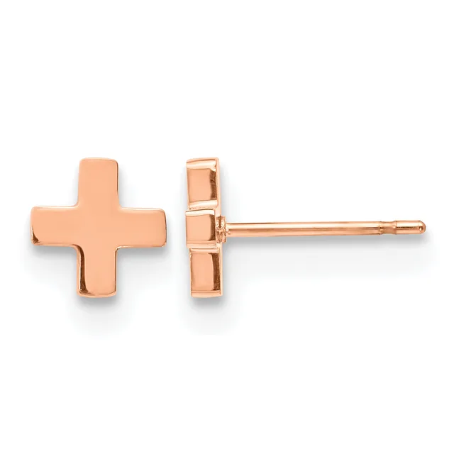 A pair of rose gold cross-shaped stud earrings shown from front and side views.