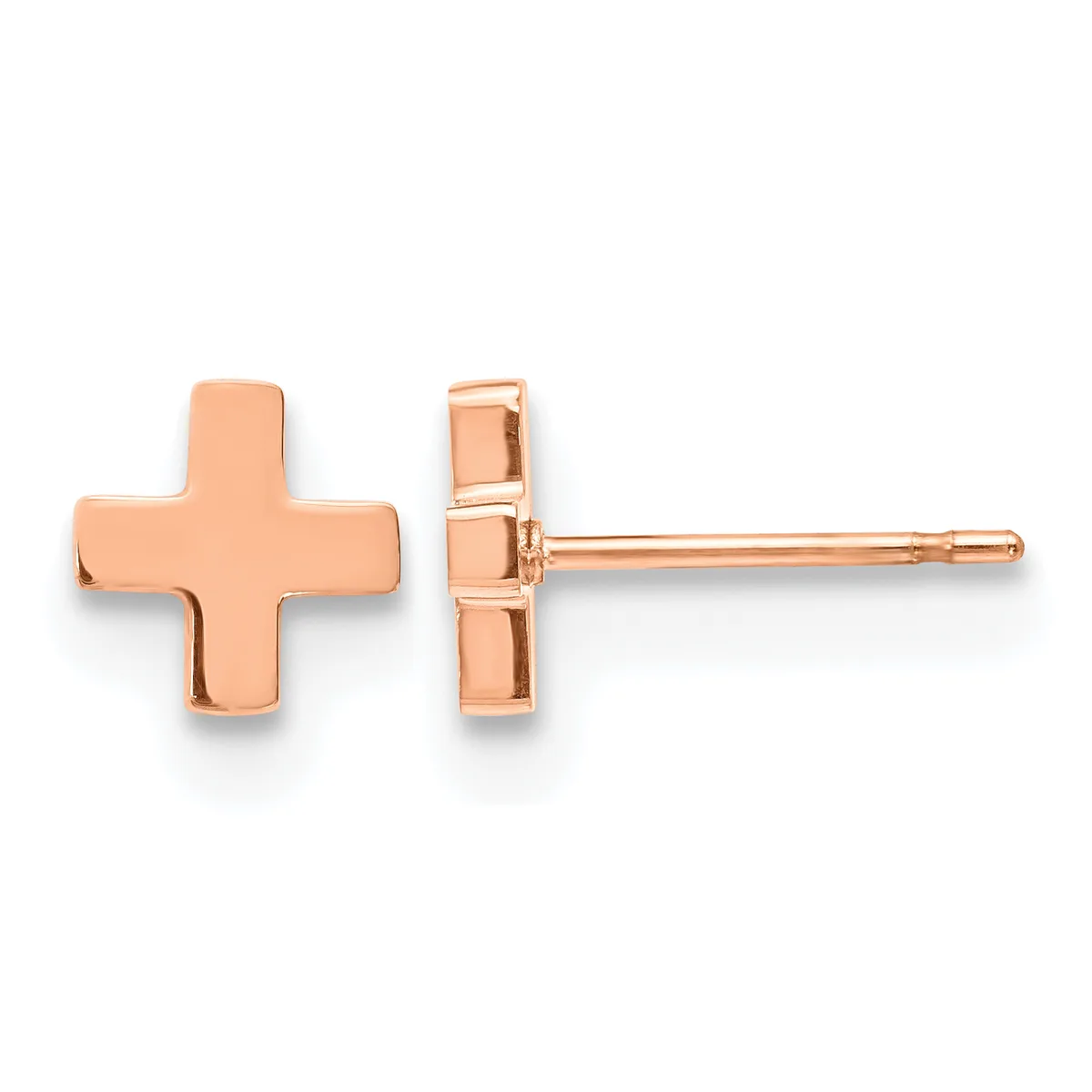 A pair of rose gold cross-shaped stud earrings shown from front and side views.
