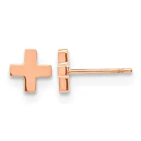 A pair of rose gold cross-shaped stud earrings shown from front and side views.