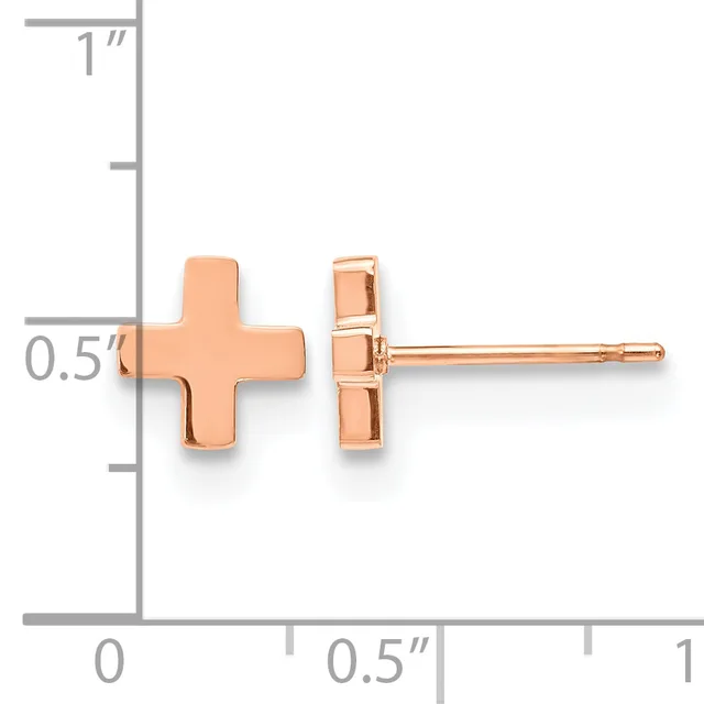 A pair of rose gold cross-shaped stud earrings displayed against a measurement scale showing approximately 0.5 inches in height.