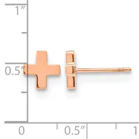 A pair of rose gold cross-shaped stud earrings displayed against a measurement scale showing approximately 0.5 inches in height.