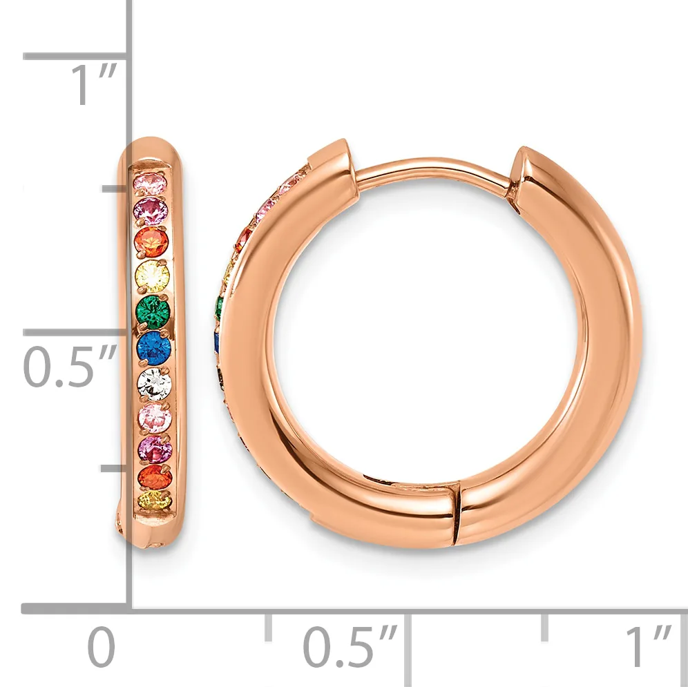 Rose gold hoop earrings with rainbow-colored gemstones set along the outer edge, shown from front and side views with measurement scale.