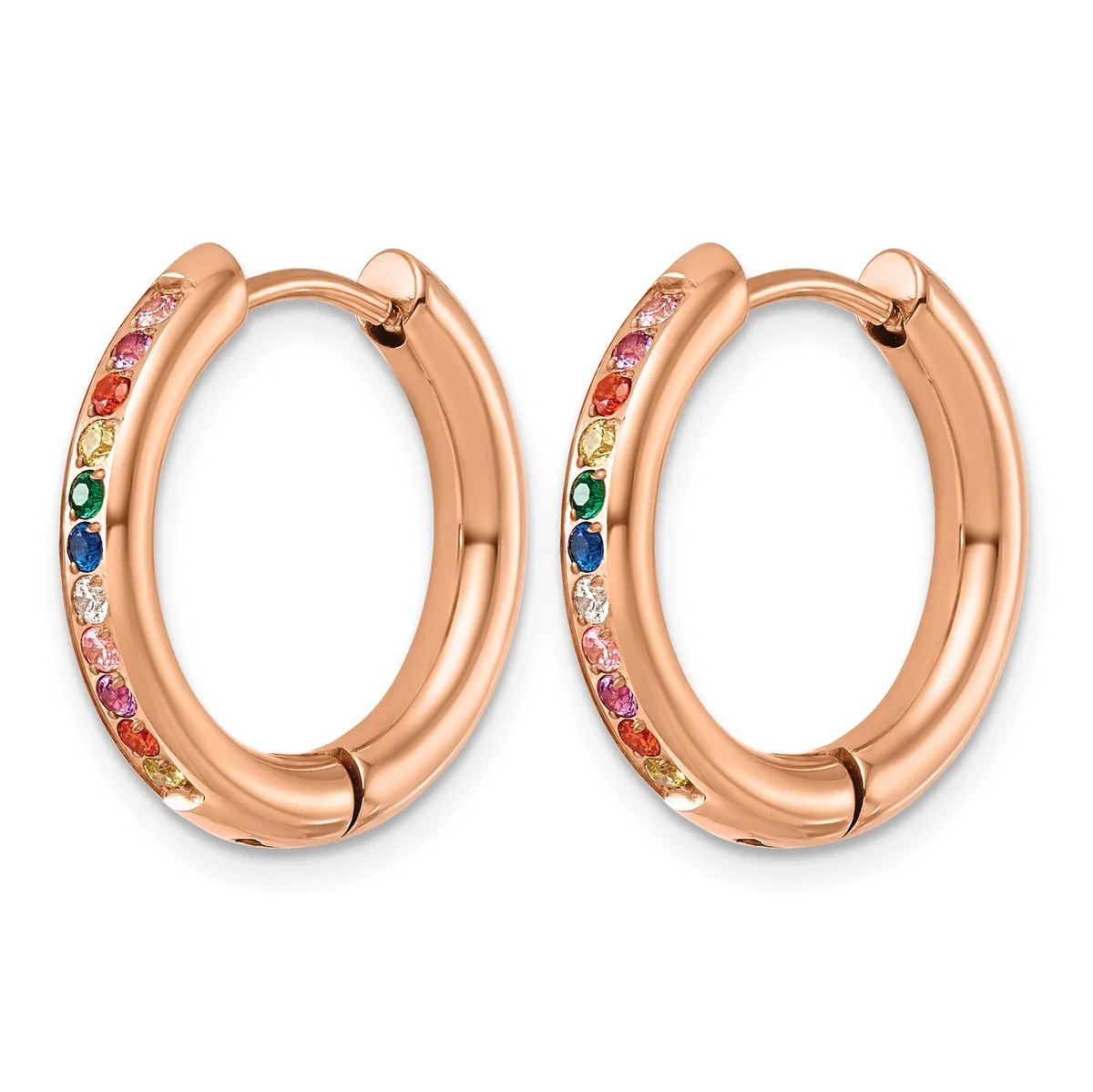 A pair of rose gold hoop earrings with multicolored gemstones arranged in a rainbow pattern along the outer edge, shown from the front.