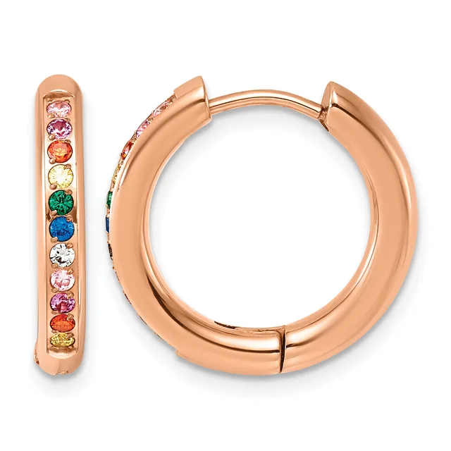 A pair of rose gold hoop earrings with rainbow-colored gemstones set along the outer edge, shown from the front and side view.