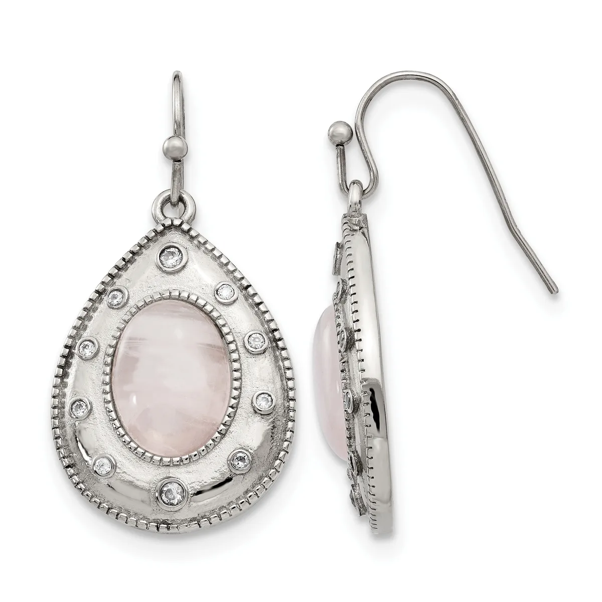 A pair of silver teardrop earrings with pale rose quartz cabochon centers surrounded by beaded borders and small round diamond accents, shown from front and side views.