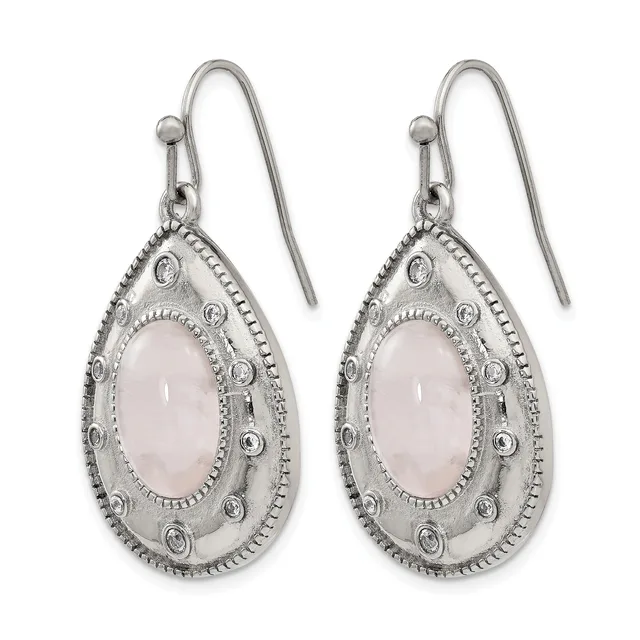 A pair of silver teardrop earrings with rose quartz cabochon centers surrounded by ornamental beading and small rhinestones, suspended from wire hooks.