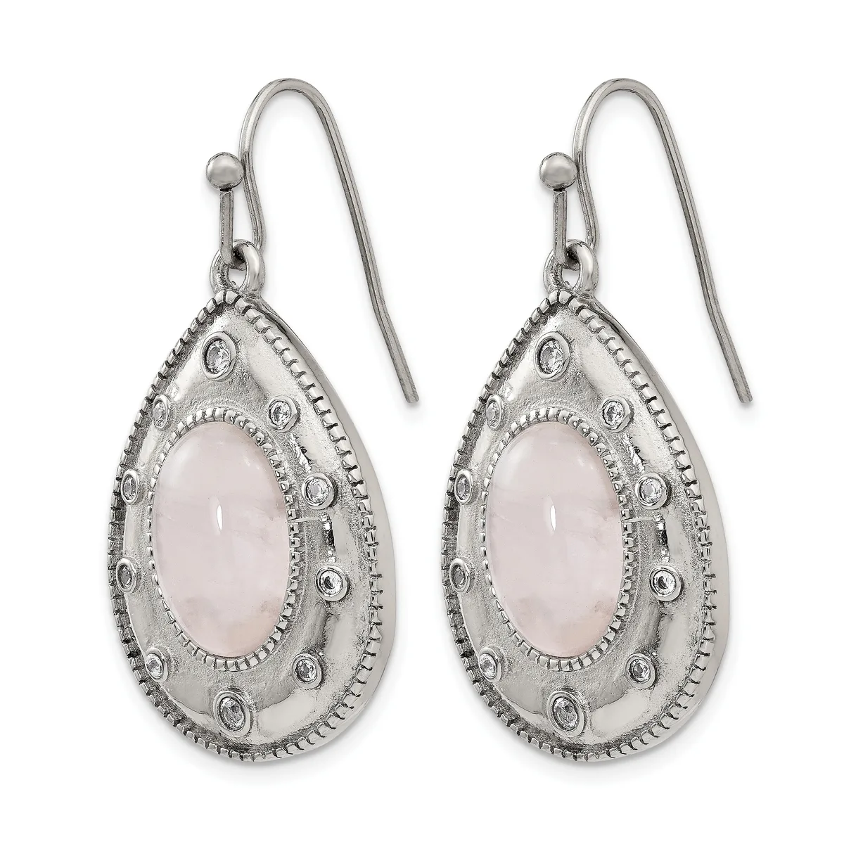 A pair of silver teardrop earrings with rose quartz cabochon centers surrounded by ornamental beading and small rhinestones, suspended from wire hooks.
