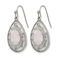 A pair of silver teardrop earrings with rose quartz cabochon centers surrounded by ornamental beading and small rhinestones, suspended from wire hooks.