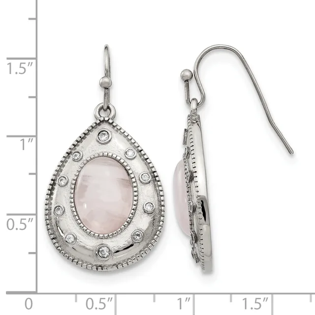 A pair of silver teardrop earrings with rose quartz cabochon centers surrounded by decorative beaded borders and small round stones, shown front and back views with a measurement scale.