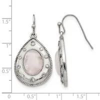 A pair of silver teardrop earrings with rose quartz cabochon centers surrounded by decorative beaded borders and small round stones, shown front and back views with a measurement scale.