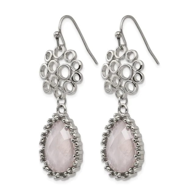 A pair of silver-toned dangle earrings with openwork circular tops and teardrop-shaped rose quartz stones surrounded by beaded bezels.