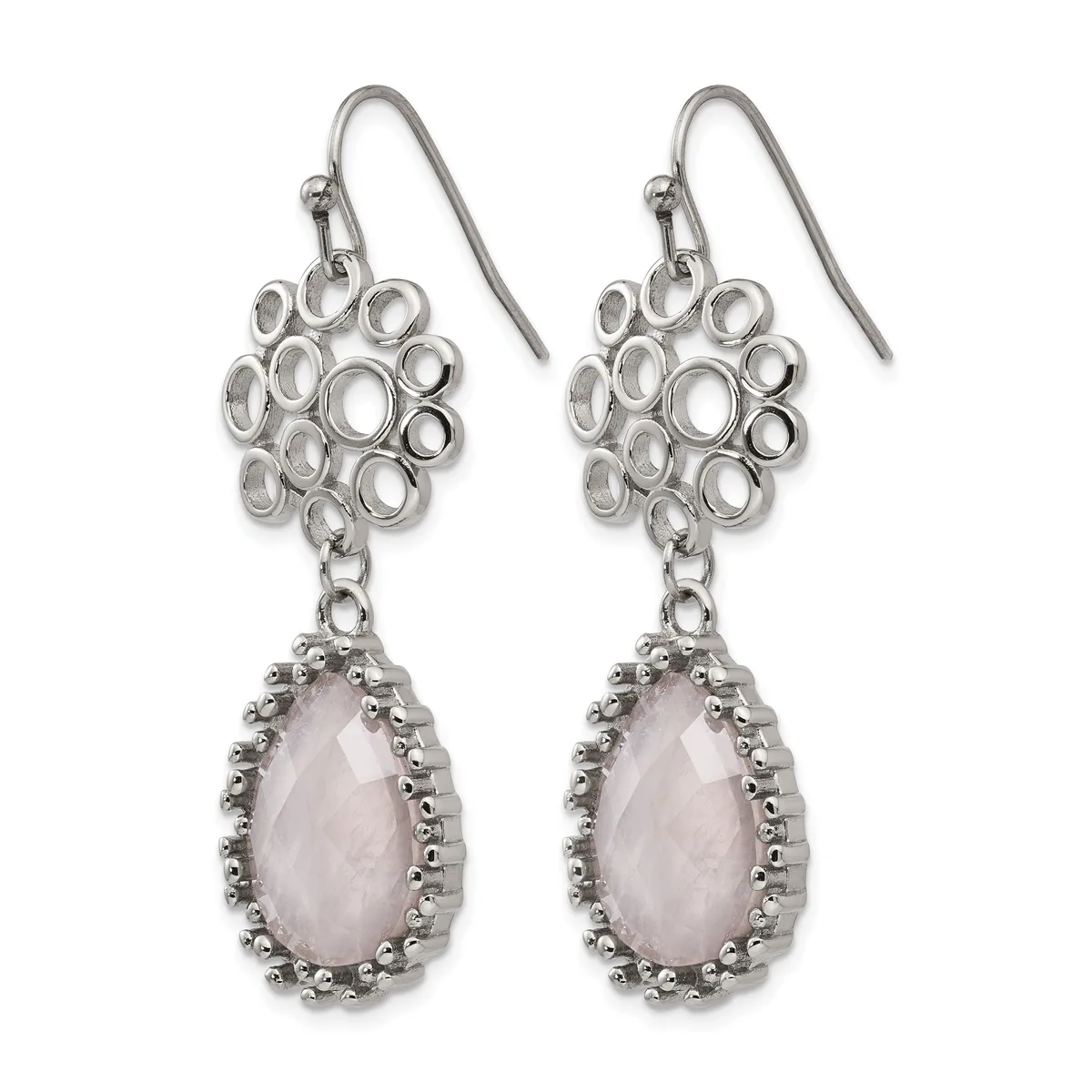 A pair of silver-toned dangle earrings with openwork circular tops and teardrop-shaped rose quartz stones surrounded by beaded bezels.
