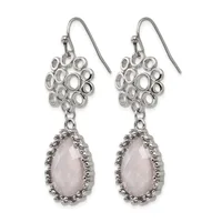 A pair of silver-toned dangle earrings with openwork circular tops and teardrop-shaped rose quartz stones surrounded by beaded bezels.