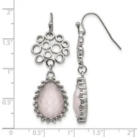 A pair of silver-toned dangle earrings featuring circular filigree tops connected by chain links to teardrop-shaped rose quartz stones surrounded by beaded bezels, displayed against a ruler showing approximately two inches in length.