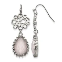 Pair of silver-tone dangle earrings featuring circular ring connectors at the top and teardrop-shaped pale pink stone pendants with beaded bezels, shown from front and back views.