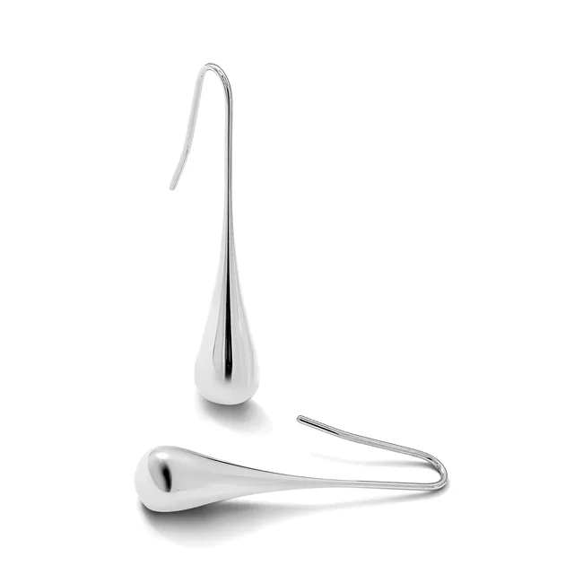 Two polished silver teardrop-shaped earrings with long curved hooks, displayed against a white background.