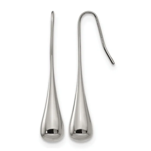 A pair of silver teardrop earrings with hook closures, shown from the front and with one hook detail visible from above.