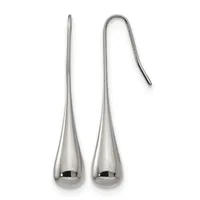 A pair of silver teardrop earrings with hook closures, shown from the front and with one hook detail visible from above.