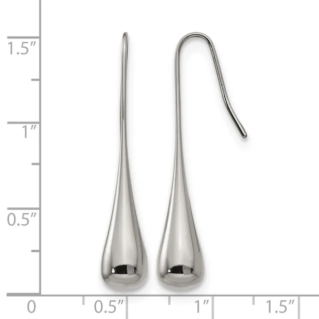 Two silver teardrop earrings with hooks displayed next to a ruler showing them measuring approximately 1.5 inches in length.