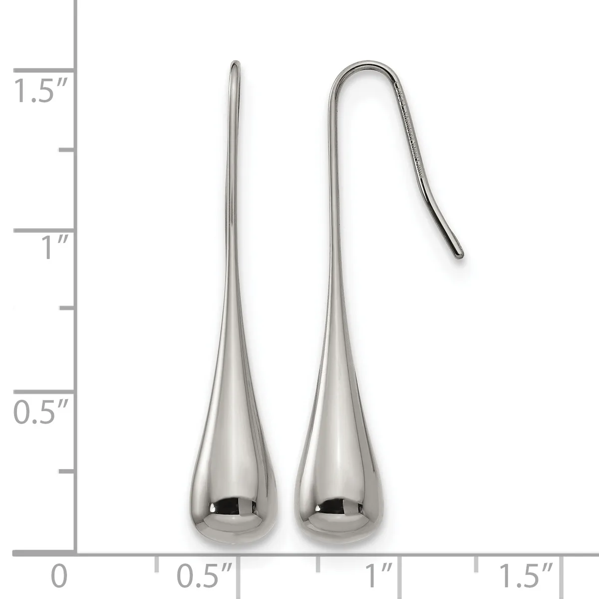 Two silver teardrop earrings with hooks displayed next to a ruler showing them measuring approximately 1.5 inches in length.