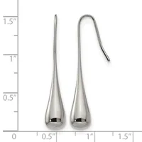Two silver teardrop earrings with hooks displayed next to a ruler showing them measuring approximately 1.5 inches in length.