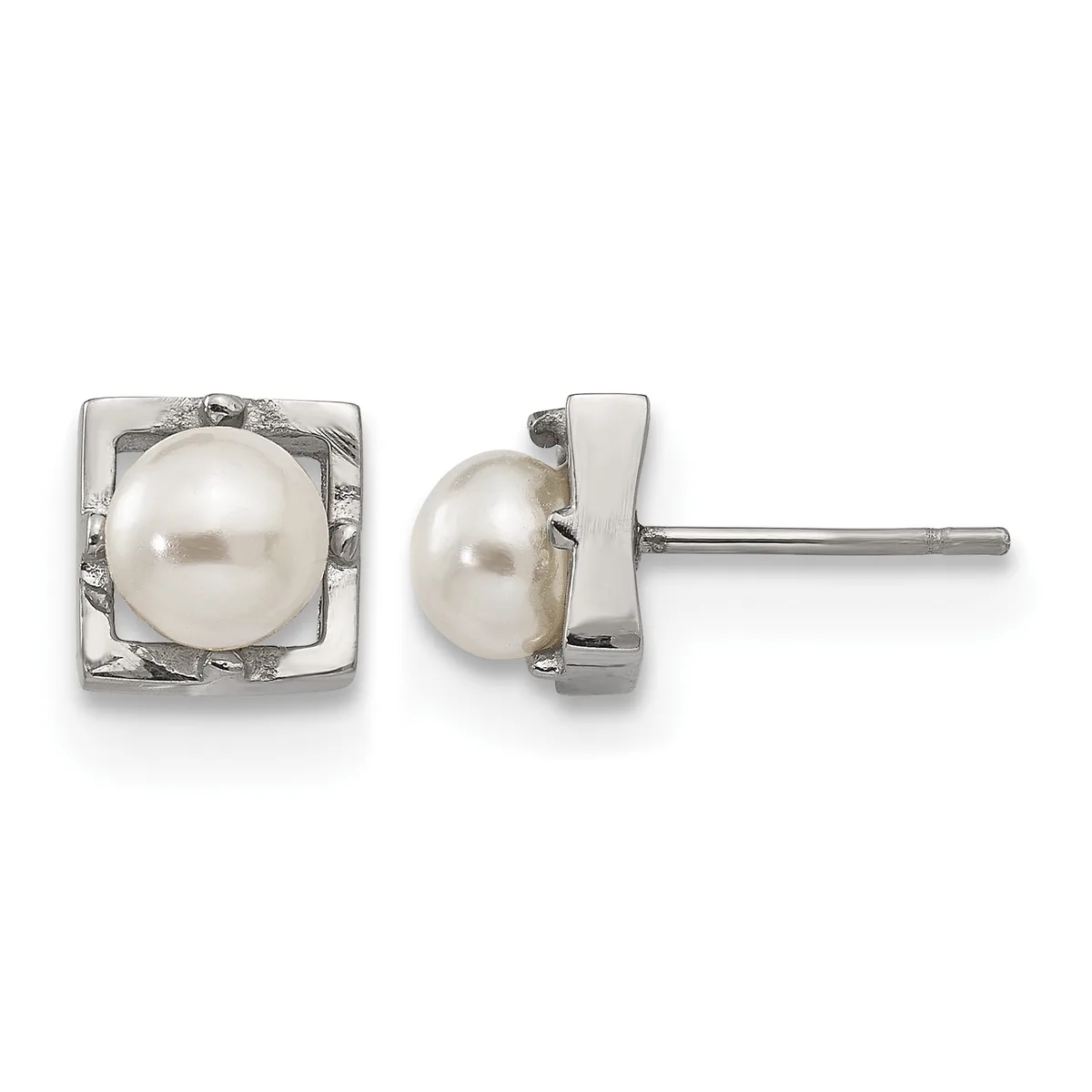 Pair of silver stud earrings with square bezels containing white pearls, shown from front and side views.