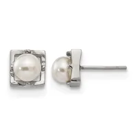 Pair of silver stud earrings with square bezels containing white pearls, shown from front and side views.