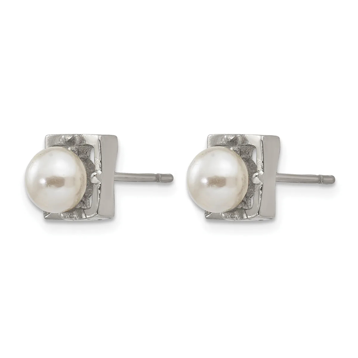 Pair of silver stud earrings, each featuring a round white pearl set in a square textured silver setting with a post back.