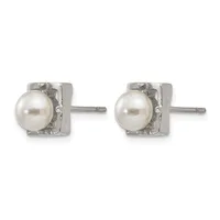 Pair of silver stud earrings, each featuring a round white pearl set in a square textured silver setting with a post back.