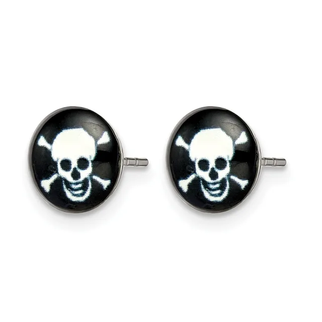 A pair of round stud earrings with silver posts, each featuring a skull and crossbones design in white on a black domed background.