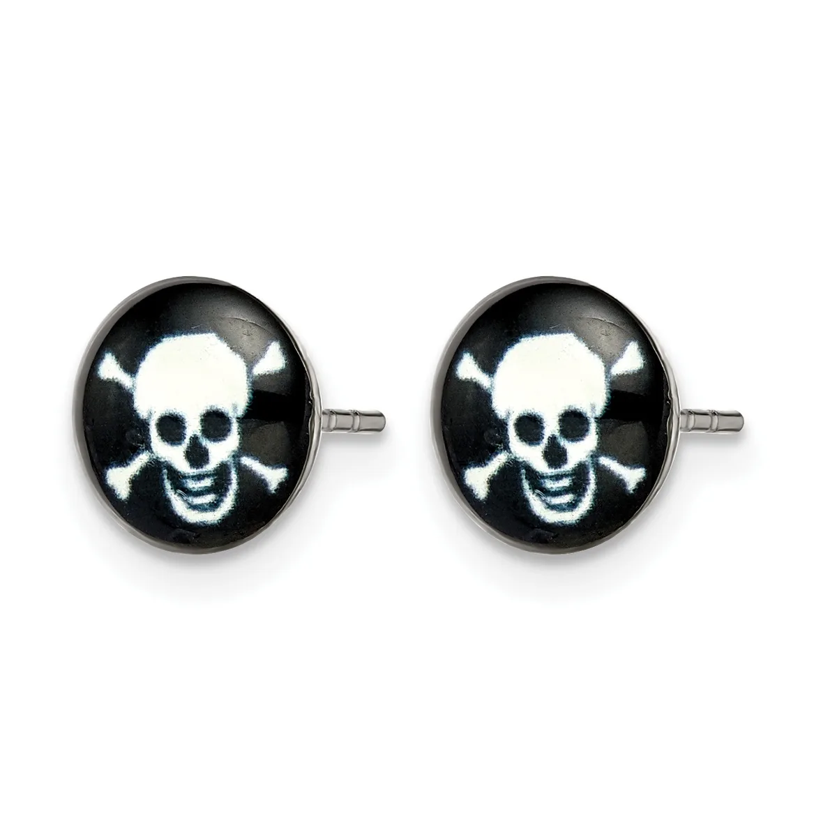 A pair of round stud earrings with silver posts, each featuring a skull and crossbones design in white on a black domed background.