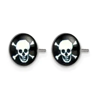 A pair of round stud earrings with silver posts, each featuring a skull and crossbones design in white on a black domed background.
